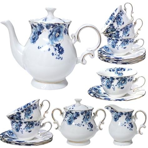 21-Piece Bone China Tea Set for Adults, Blue and White Porcelain Tea Set for 6, Vintage Floral Tea Set With Teapot Creamer Pitcher Sugar Bowl and Teaspoons, Tea Party Sets for Women Gift Victorian Tea Sets, Floral Tea Set, Vintage Tea Time, English Tea Set, Tea Party Setting, Bone China Tea Set, Dark Home Decor, Ceramic Tea Set, Porcelain Tea Set