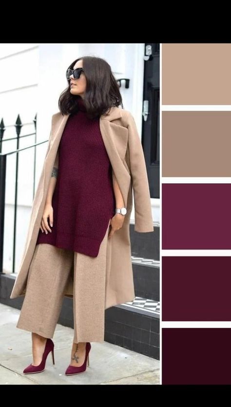 Burgundy Colour Combinations Outfit, Feminine Menswear For Women, Winter Color Combinations Outfit Ideas, Deep Color Outfits, Neutral Color Outfits Women, Trendy Winter Coats, Colour Combinations Fashion, Color Combos Outfit, Combination Fashion