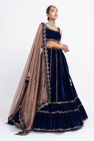 Shop for Vvani by Vani Vats Blue Tissue Velvet Embroidered Lehenga Set for Women Online at Aza Fashions Zardozi Art Navy Blue Dress, Luxury Blue Choli For Eid, Luxury Royal Blue Lehenga For Diwali, Royal Blue Luxury Lehenga, Luxury Royal Blue Anarkali Set For Festive Occasions, Luxury Royal Blue Lehenga With Dupatta, Luxury Royal Blue Sets For Navratri, Luxury Royal Blue Anarkali Dupatta, Luxury Blue Royal Lehenga