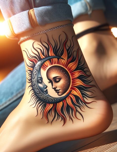 53 Ankle Tattoos: Tiny Canvases, Big Statements Ankle Tattoos, Sun, Tattoos Tiny, Sun And Moon Tattoo, Sun And Moon, Moon Tattoo, Tattoo On, Moon, Skin