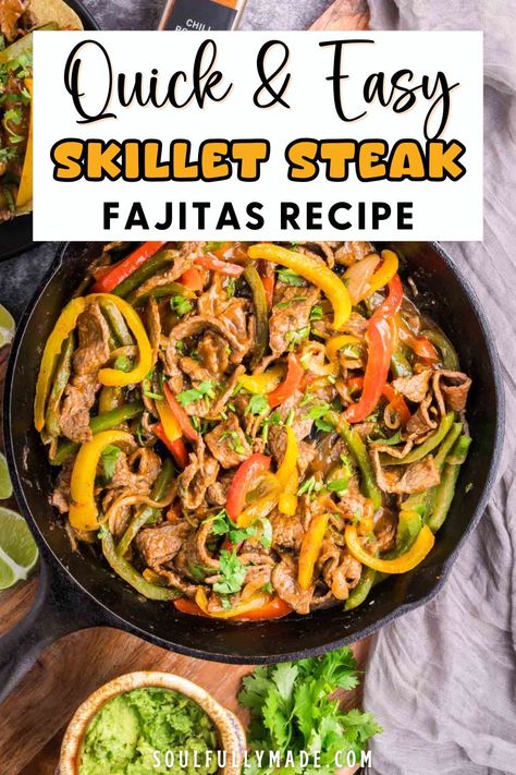 These quick and easy Steak Fajitas are packed with flavor from fresh garlic, onions, colorful peppers, and a perfectly seasoned sauce. It’s a delicious dinner ready in under half an hour and cooked all in one skillet! Our fajitas recipe steak edition guarantees a restaurant-quality meal right at home. Fajita Steak Recipes Skillet, Beef Fajitas Skillet, Fajitas Recipe Steak, Steak Fajitas Skillet, Steak Recipes Skillet, Fajita Sauce, Easy Fajita Recipe, Steak Fajitas Recipe, Vegan Fajitas