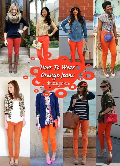 Clemson Girl - How to wear #orange jeans for gameday or any day! #Clemson #tigers #gameday #fashion Orange And Gray Outfit Ideas, Colors To Pair With Orange Clothes, Orange Jogger Pants Outfit, Auburn Pants Outfit, Orange Chinos Outfit Women, Outfits With Burnt Orange Pants, Bright Orange Pants Outfit, How To Wear Orange Pants, Orange Pants Fall Outfit