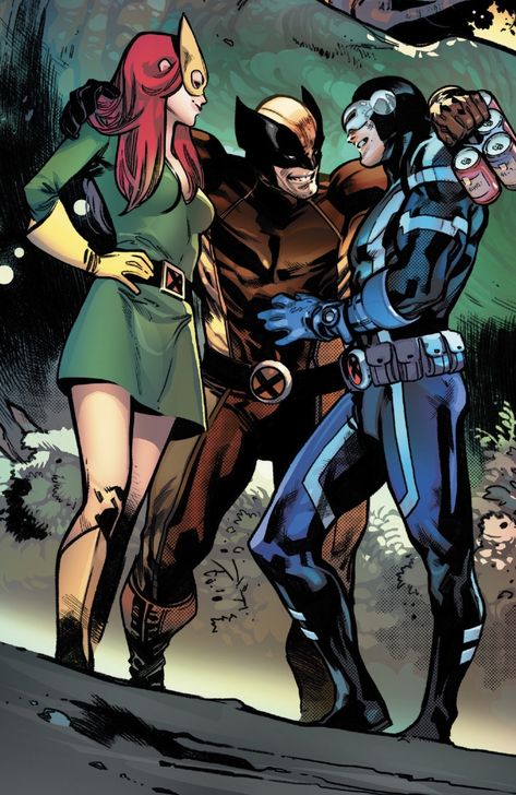 Cyclops, Jean Grey, and Wolverine Wolverine Halloween Costume, Wolverine And Jean, Wolverine And Jean Grey, Marvel Jean Grey, Marvel Character Design, Wolverine Comic, Xmen Comics, Logan Wolverine, Marvel Entertainment