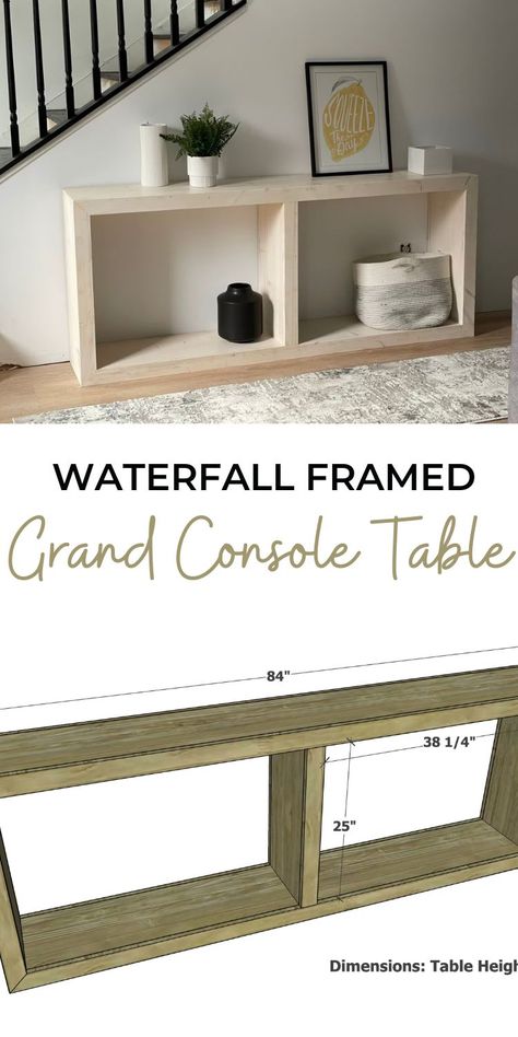 Diy Wooden End Tables Living Rooms, Diy Pallet Console Table, Waterfall Table Behind Couch, Diy Modern Entryway Table, Console Diy Table, Built In Console Table, Diy Entryway Table Plans, Diy Entryway Decor, Diy Waterfall Entry Table