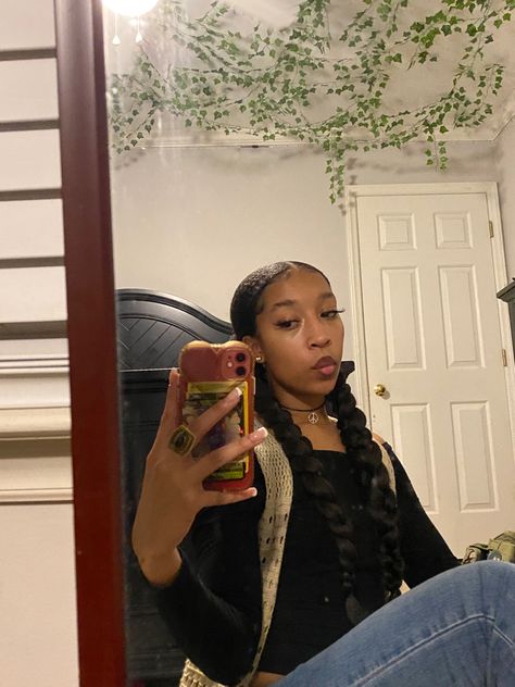 Pigtail Braids Outfit, Black Pigtail Braids, Curly Braided Pigtails, Braids Into Pigtails Half Up, Black Braid Pigtails, Hair Inspo Braids, Braids Mirror Selfie, Pigtails Hair, Braided Pigtails