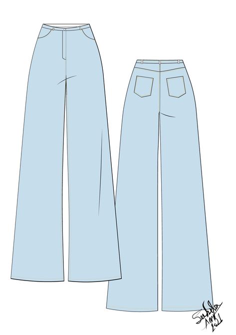 Pants Drawing, Flat Drawings, Jeans Light Blue, Flat Sketches, Fashion Illustration Dresses, Weekly Outfits, Illustration Fashion, Light Blue Jeans, Wide Jeans