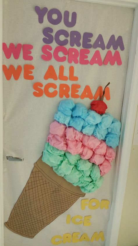 Classroom Door : Ice Cream Ice Cream Cone Classroom Door Decoration, Ice Cream Classroom Theme Decor, Ice Cream Classroom Door, Ice Cream Door Decorations Classroom, Ice Cream Bulletin Board Ideas, Ice Cream Bulletin Board, Summer Classroom Door, Ice Cream Classroom, Cream Hallway