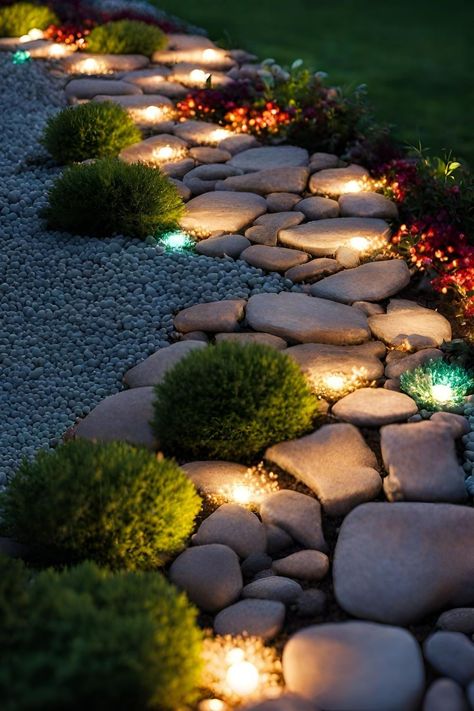 Plants Landscaping Outdoor, Natural Stone Landscaping Ideas, Stone Decoration Ideas Garden, Walkway Border Ideas, Ideas For Garden Decorating, Rock Garden Edging Ideas, Landscape Pathway Ideas, Landscape Ideas Cheap, Tier Garden Ideas