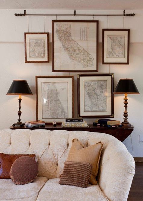 Decorating With Maps, Framed Maps, Beautiful Living Rooms, Cool Ideas, Living Room Diy, Gallery Art, Room Decorations, Inspired Living, Wall Gallery