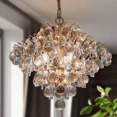 Multiple tiers of crystal glass orb globes provide a glimmering effect for this 3-light brass glam modern chandelier. Add timeless elegance to your space with this clear crystal chandelier and its sparkling tiered design made from the shining bubble. Perfect addition to your foyer, dining room, kitchen island, home office, and bedroom. This fixture hangs from an adjustable chain and has a sloped ceiling-compatible canopy. | Rosdorf Park Danyetta 3-Light Glam Chandelier w / Crystal Accent 14.5 H Crystal Chandelier Closet, Small Chandelier Bathroom, Chandelier For Bathroom, Bathroom Chandelier Over Tub, Light Glam, Bling Chandelier, Home Office And Bedroom, Glam Chandelier, Gold Crystal Chandelier