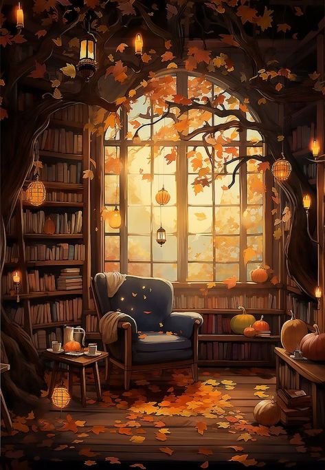 Fall Bookish Wallpaper, Anime Autumn, Cozy Illustration Art, Autumn Books Aesthetic, Cozy Book Room, Autumn Illustration, Winter Illustration, Autumn Scenes, Autumn Cozy