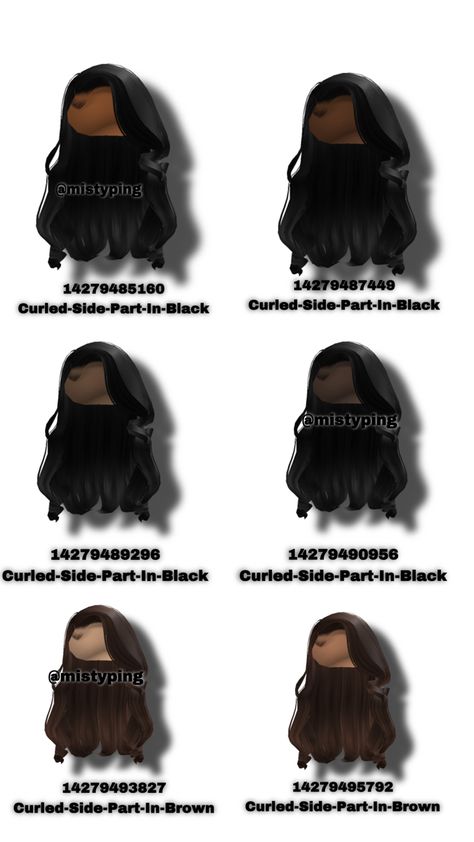 Black Hair Id Roblox, Brown Hair Roblox, Blocksburg Outfit Codes￼, Code Clothes, Hair Codes, Black Hair Roblox, Bratz Inspired Outfits, Aesthetic Roblox Royale High Outfits, Baddie Outfits Ideas