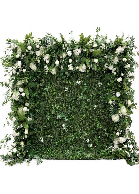 gorgeous and creatieve flower backdrop decoration trends Flower Wall For Pictures, Green Backdrop Wedding Floral Wall, Green Floral Background Flower Wall, Sage Green Flower Background, White Backdrop With Greenery, Green Back Drop With Flowers, Green Floral Party Decor, Boxwood Wall Stand, Fern Wedding Backdrop