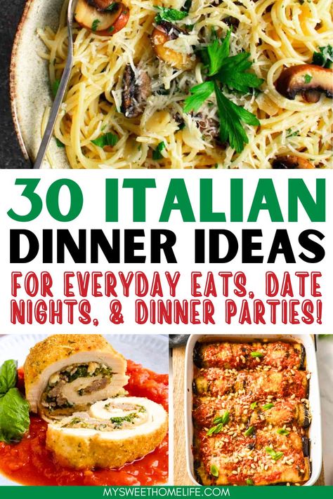 It's amore to Italian cooking! These Italian dinner recipes, with their simplicity, quality ingredients, and rich flavor, will whisk you away to the charming streets of Italy making them perfect for both date night and everyday eats. Italian Food For Party, Sunday Italian Dinner Ideas, Italian Buffet Ideas Dinners, Italian Sunday Dinner Ideas, Dinner Recipes For Date Night, Italian Food Party Ideas, Italy Food Recipes, Italian Night Dinner Party, Romantic Italian Dinner