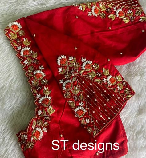 Top Aarai work blouse design unique blouse design ideas (check for more designs) Maggam Work For Lehenga Blouse, Magam Work On Red Blouse, Cross Lines Maggam Work Designs, Bride Blouse Designs India, Red Blouse Embroidery Designs, Red Aari Work Blouse Designs, Red Blouse Work Designs Bridal, Red Blouse Aari Work Designs, Pink Colour Blouse Designs