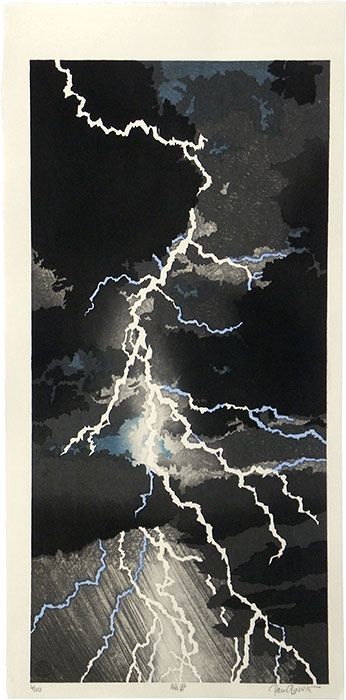 Japanese Art | Paul Binnie | Inazuma -Lightning- woodblock print /  Paul Binnie, Scottish, b. 1967  Inazuma (Lightning)  numbered in pencil 6/40 at lower left, the title in kanji, Inazuma at center, and signed Paul Binnie at lower right, May 2010  26 by 12 5/8 in., 66 by 32 cm  $700 Leg Tattoo Inspiration, Lightning Art, Woodblock Printmaking, Art Presents, Relief Prints, Japanese Paintings, Japanese Woodblock Print, Dark Clouds, Fairytale Illustration