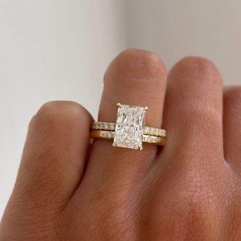 Cullen Jewellery | Custom Engagement Rings | ✨ELLIE - RING SETS✨⁠ ⁠ SWIPE 👉 ⁠ ⁠ A gorgeous Radiant Cut Solitaire with Pave Band paired with:⁠ ⁠ 💜 Arizona Hammer Set Band⁠ 💚… | Instagram Baguette Band, Radiant Cut Rings, Pretty Engagement Rings, Dream Wedding Ring, Radiant Cut Engagement Rings, Radiant Engagement Rings, Cute Engagement Rings, Future Engagement Rings, Custom Engagement Rings