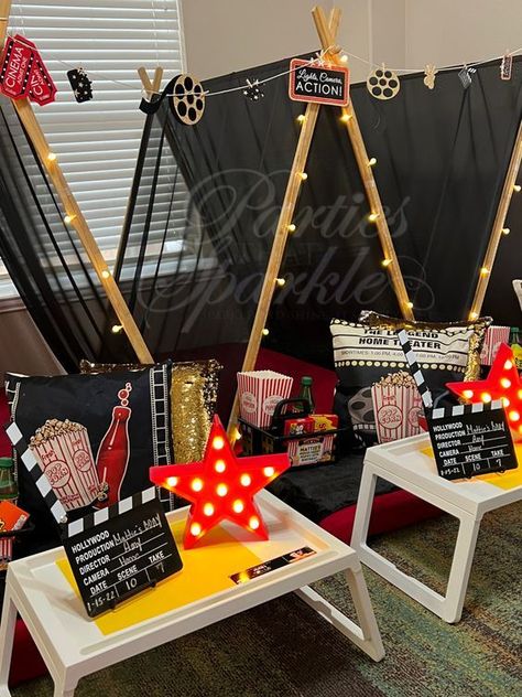 Double digits with these super fun 10th birthday party ideas! Movie Theme Slumber Party, Teepee Movie Night, Slumber Party Movie Night, Movie Theme Sleepover Ideas, A Night At The Movies Theme, Movie Night Teepee Party, Boys Movie Night Birthday Party, Movie Slumber Party Ideas, Movie Night Birthday Party Decorations