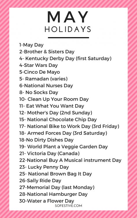 Fun May Holidays & Easy Ways to Celebrate- Holiday Ideas - So Festive Organisation, May Holidays Ideas, Random Holidays Calendar, May Ideas, May Activities, May Holidays, Monthly Holidays, National Holiday Calendar, Funny Holidays