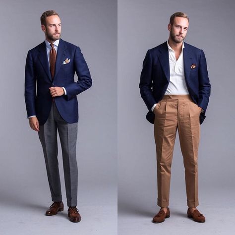 Andreas Weinås on Instagram: “The Navy Blazer - Probably the most versatile garment in menswear. Worn here with Grey Fresco trousers, shirt and tie for a semi formal…” Navy Sports Coat Outfit Men, Blue Sport Coat Outfit, Sports Coat Outfit Men, Coat Outfit Men, Navy Blue Blazer Outfit, Sport Coat Outfit, Navy Sport Coat, Blue Sport Coat, Sneakers Outfit Men