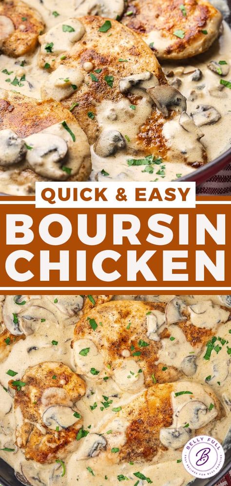 Boursin Chicken Recipe - Belly Full Chicken With Boisin Cheese, Chicken Thigh Boursin Cheese, Chicken Recipes With Boursin Cheese, Crock Pot Boursin Chicken, Creamy Boursin Chicken, Dairy Free Boursin Recipes, Boiled Chicken Recipe, Belly Full Recipes, Borson Cheese Recipes