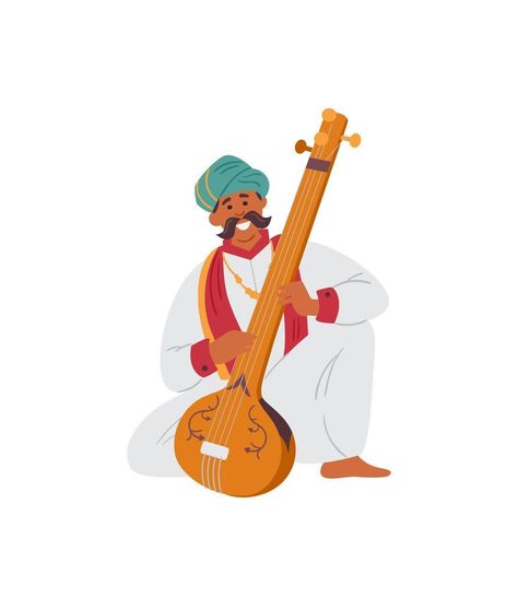 Indian Man In Turban Playing Traditional String Musical Instrument Tampura. Vector Illustration. Isolated On White. Music Mural, Indian Instruments, Graphic Wedding Invitations, Wedding Illustration Card, Coreldraw Design, Indian Musical Instruments, Digital Invitations Design, Envelopes Design, Amer Fort