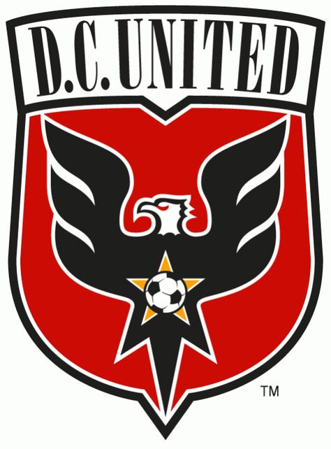 D.C. United Primary Logo (1998) - Black eagle with wings spread out on a red shield with script Mls Soccer, Dc United, Soccer Logo, Club Badge, Toronto Fc, Wayne Rooney, Sports Team Logos, Usa Soccer, Major League Soccer