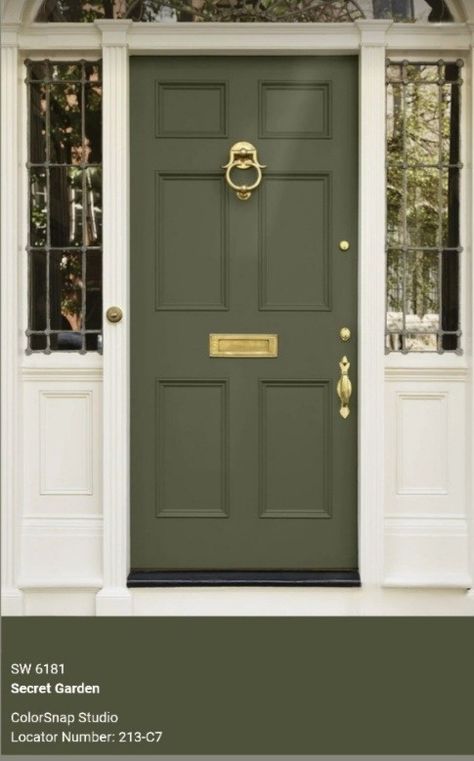 Hunter Green Door Exterior, Forest Green Front Door Exterior Colors, Dark Olive Green Front Door, Door Colors For Green House, Army Green Front Door, Front Door Color Ideas For Beige House, Moss Green Front Door, Olive Green Doors Exterior, Benjamin Moore Green Front Door