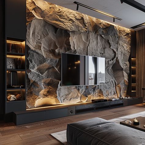 Tv Wall Design Luxury, Luxury Tv Wall, Stone Walls Interior, Stone Wall Design, Earthy Home, Tv Room Design, Ceiling Design Bedroom, Smart Home Design, Living Room Design Inspiration