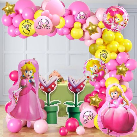 PRICES MAY VARY. 131 Pieces Total:15 latex balloons(12 in), 55 latex balloons(10 in),40 latex balloons(5 in),10pcs printed balloons,4pcs Princess Peach Foil Balloons,5 pcs star Foil Balloons,1 pcs balloon strip, 1 pc roll glue dots. High-quality materials: All balloons are made of natural latex, thick and strong, non-toxic and harmless. All materials are made of high-quality, safe, very durable, non-toxic and reusable materials. Simple decoration: using the tools we provide, making Princess Peac Princess Peach Balloon Garland, Super Mario Girl Birthday Party, Peach Themed Birthday Party, Peach Decorations, Peach Balloon Garland, Birthday Party Themes For Kids, Princess Peach Birthday Party, Star Mario, Peach Balloons