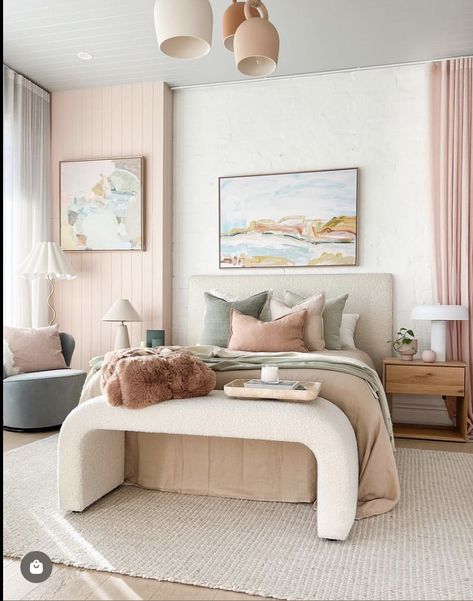 Beddies Bedding, Muted Pastel Bedroom, Muted Colorful Bedroom, Colorful Neutral Bedroom, Colorful Clean Bedroom, Colorful Modern Bedroom Aesthetic, Neutral Colorful Bedroom, Neutral Bedroom Decor With Pop Of Color, Pastel Modern Bedroom