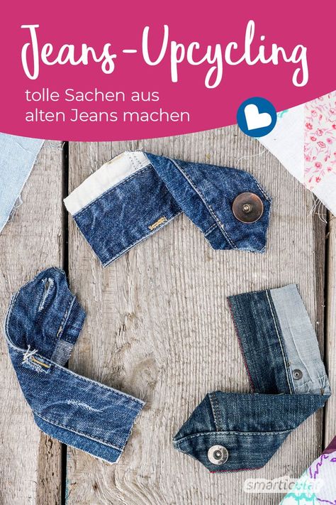 Hier findest du zahlreiche Upcycling-Ideen, mit denen sich alte Jeans kreativ verwerten lassen. Denn der stabile Stoff ist viel zu schade zum Wegwerfen! Diy Jeans Upcycle, Jeans Upcycle, Old Jeans Recycle, Creative Upcycling, Altering Jeans, Upcycling Jeans, Upcycling Ideas, Old Stuff, Denim Jewelry