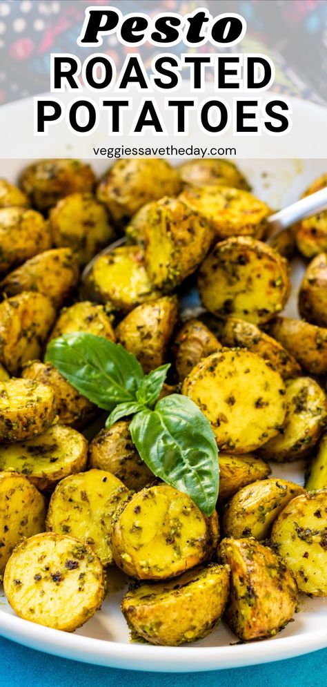 Pesto Roasted Potatoes are a delicious side dish you can enjoy hot or cold. First small sliced yellow potatoes are coated with pesto and baked until tender. Then they're tossed in additional pesto for even more fresh and zesty flavor. So delicious and easy to make! Roasted Red Skin Potatoes, Roasted Baby Red Potatoes, Oven Roasted Red Potatoes, Vegan Potato Recipes, Greek Lemon Potatoes, Red Potato Recipes, Pesto Potatoes, Roasted Red Potatoes, Oven Roasted Potatoes