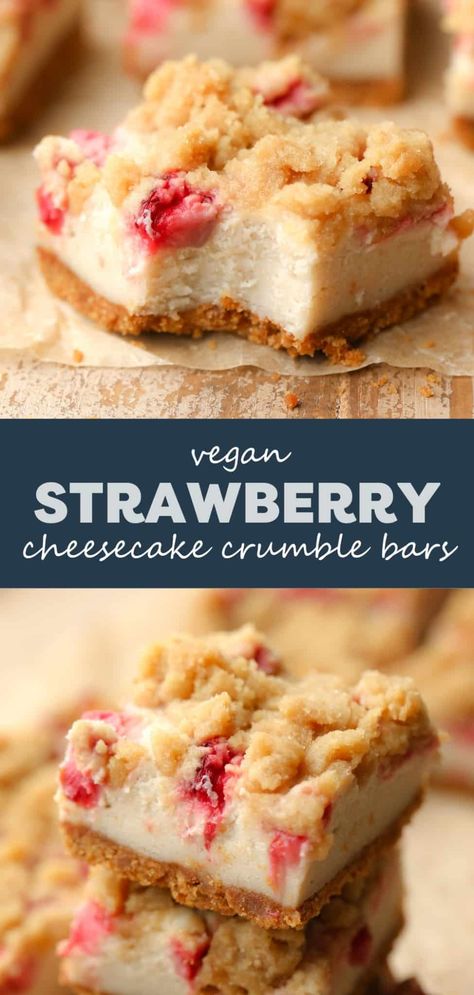 Craving strawberry cheesecake AND strawberry crumble? These Vegan Strawberry Cheesecake Crumble Bars have the best of both worlds! Rich, creamy, and sweet, they’re a wonderful dessert for any celebration. Creamy Vegan Cheesecake, Dairy Free Dessert Ideas, Vegan Cheesecake Bars, Vegan Cherry Cheesecake, Vegan Strawberry Recipes, Vegan Mini Cheesecake, Strawberry Crumble Cheesecake, Vegan Strawberry Dessert, Vegan Summer Desserts