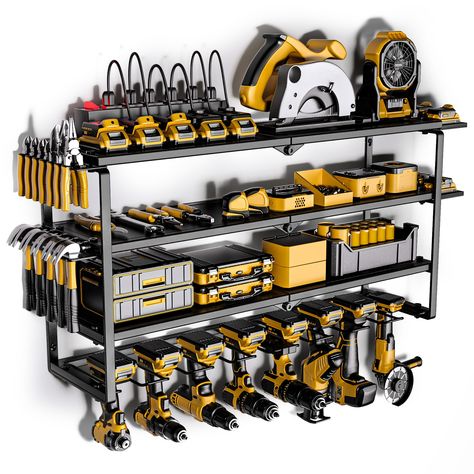 PRICES MAY VARY. Upgraded tool storage with power strip: Power tool organizer with charging station, comes with 6 outlets, Very convenient for charging your tool batteries. which can keep rechargeable tools organized in the work area and save your bench space. 50ft 14AWG power cord included,output: 125V/15A/1875W Extra Large 8 Drill Holders and 4 Layers High Capacity Design: This wall-mounted power tool storage features a 4-layer high-capacity design. You can hang at least 8 power drills, impact Wall Tool Organizer, Power Tool Organizer, Power Tool Storage, Drill Holder, Garage Tool Organization, Utility Shelves, Tool Room, Úložný Box, Tool Rack