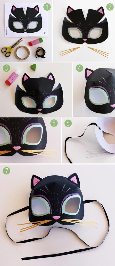 Katzenmaske basteln mit Vorlage zum ausdrucken Animal Mask Templates, Obličejové Masky, Printable Animal Masks, Mascaras Halloween, Mask Template, Printable Animals, Paper Mask, Cat Mask, Animal Masks