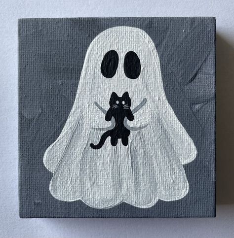 Painting With 3 Colors, Some Paintings For Beginners, Ghosts Doing Things Drawing, Canava Paintings Ideas, Halloween Painting Inspo Easy, Paint Night Ideas Halloween, Halloween Painting On Black Canvas, Halloween Cat Painting Easy, Simple Cute Paintings On Canvas Easy Diy