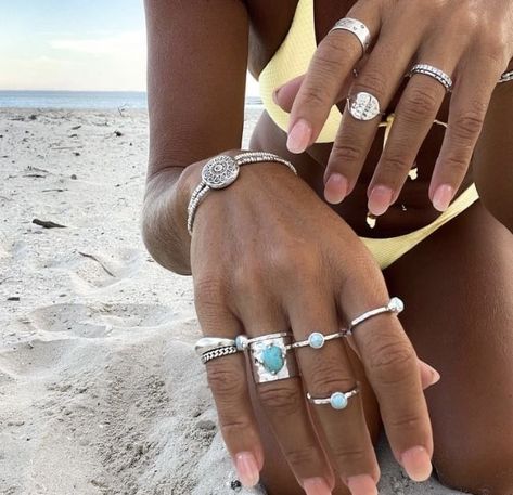 Lots Of Silver Rings, Surf Jewelry Silver, Beach Jewelry Aesthetic Silver, Beachy Silver Rings, Ocean Rings Aesthetic, Beach Jewelry Rings, Beach Rings Aesthetic, Boho Jewelry Silver, Chunky Rings Aesthetic Silver