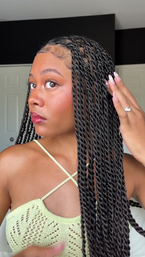 (3)large scrunchies hold a special place in my heart 🤍🧚🏽 #hairstyle #s... | Senegalese Twists | TikTok Medium Sized Senegalese Twists, Twist With Braids Hairstyles, Hairstyles For Senegalese Twist, Weave Twist Hairstyles Black Women, Sinhalese Twist, Sinaglease Twist, Black Girls Twist Hairstyles, Senaglese Twist Curly Ends, Distressed Twists