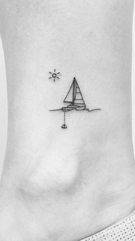 Boat And Lighthouse Tattoo Matching, Sailboat And Anchor Tattoo, Sailing Boat Tattoo Simple, Mini Sailboat Tattoo, Minimalist Boat Tattoo, Boat And Anchor Tattoo, Sailing Tattoos For Women, Catamaran Tattoo, Simple Boat Tattoo