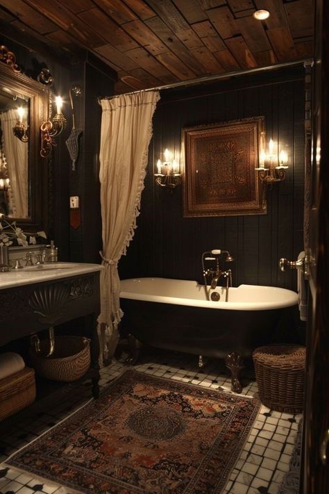 Dark Boho Bathroom Ideas, Moody Boho Bathroom, Dark Boho Bathroom, Dark Moody Bathroom, Dark Academia Bathroom, Chicago Townhouse, Goth Bathroom, Spooky Bathroom, Gothic Bathroom