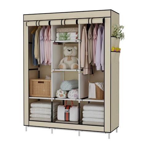 PRICES MAY VARY. ✔Sturdy Construction - Made from non-woven cover, water-proof fabric tiers, high quality steel tube, PP plastic connectors, and the steel poles added to the sides and back, the wardrobe is more sturdy and less possible to collapse. ✔Spacious Storage Closet - The portable wardrobe has a great deal of room for you to store a lot of stuff. It is divided into sections which include shelves, hanger sections and side pockets for your convenience. ✔Dustproof Cover & Waterproof Tier - T Portable Wardrobe Closet, Closet Island, Closet Clothes, Portable Wardrobe, Portable Closet, Clothes Organizer, Clothes Closet Organization, Open Closet, Bedroom Armoire