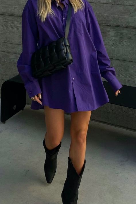 Wonderwest fashion. Cowboy boots. Western Fashion. Western-inspired vibes. Western Boots. Western Apparel. 2021 Fashion Trends. Kelsey Diprima, Purple Shirt Outfits, Purple Skirt Outfit, I Need Her, Lavender Outfit, 2021 Fashion Trends, Purple Dress Shirt, Fashion Cowboy Boots, Western Apparel