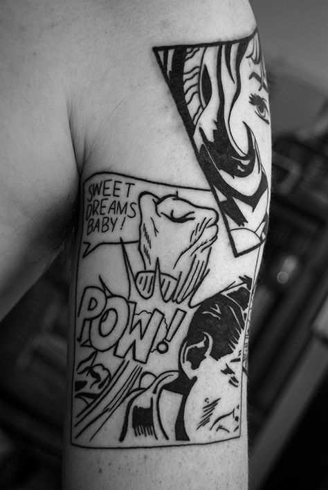 Roy Lichtenstein Tattoo Lichtenstein Tattoo, Pow Tattoo, Pop Art Tattoo, Art Inspired Tattoos, Pop Art Tattoos, Harlequin Pattern, Human Canvas, Roy Lichtenstein, Body Is A Temple