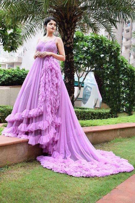 Net Gown Designs, Lavender Gowns, Indian Long Gowns, Princess Frocks, Net Gown, Layered Gown, Net Gowns, Long Frock Designs, Fancy Frocks