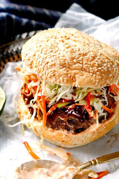 Asian Burger with Hoisin Ketchup & Garlic Chili Mayo - Carlsbad Cravings Paninis, Asian Burgers With Slaw, Thai Hamburger Recipe, Asian Pork Burgers, Asian Chicken Burgers, Asian Burger Recipe, Asian Burger, Paleo Burger, Best Burger Recipe