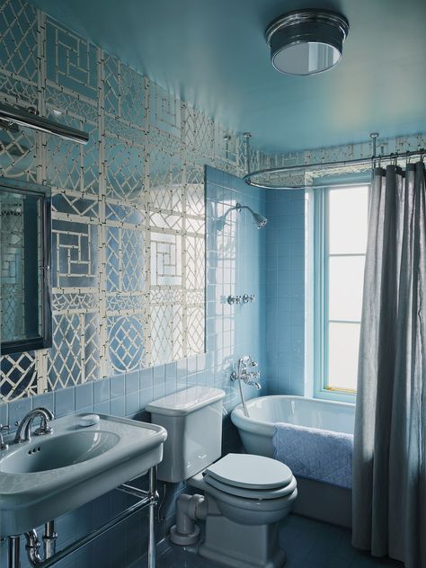 Inside David Harbour and Lily Allen’s “Weird and Wonderful” Brooklyn Town House | Architectural Digest 1950s Blue Tile Bathroom, Baby Blue Bathroom Ideas, Blue Restroom, David Harbour And Lily Allen, Powder Blue Bathroom, Baby Blue Bathroom, Ann Sacks Backsplash, Retro Blue Bathroom, Ny Townhouse