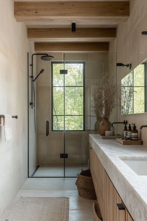 Modern rustic bathrooms have both an old-fashioned look and clean lines. Find out how to create this style here. Rustic Washroom Design, Cabin Master Bath Ideas, Rustic Spanish Bathroom, Old Farmhouse Modern Interior, Mountain Style Bathroom, California Rustic Interiors, Contemporary Rustic Bathroom, Rustic Modern Aesthetic, Small Bathroom Modern Farmhouse