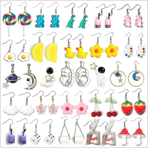 24 Pairs Weird Cute Earrings Drop Dangle Earrings for Women Girls Planet Astronaut Moon and Stars Face Dinosaur Bear Lollipop Fimo, Earrings Planet, Goldfish Earrings, Earrings Dinosaur, Earrings Mushroom, Earrings Strawberry, Duck Earrings, Crazy Earrings, Weird Earrings