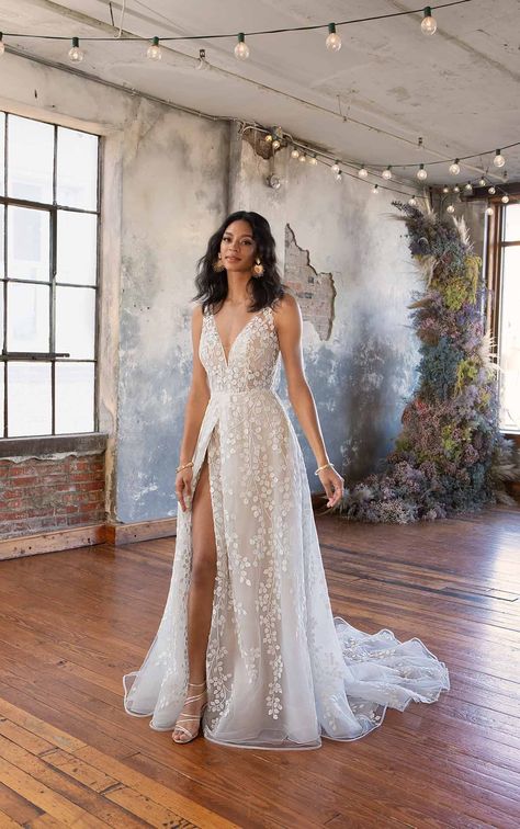 Floral Lace Boho A-Line Wedding Dress with Long Sleeves - All Who Wander Wedding Dresses Leaf Lace Wedding Dress, Dress Bustle, Wedding Dress With Long Sleeves, Whimsical Romantic, Boho Wedding Gowns, Discount Wedding Dresses, Elegance Wedding, Ivory Gown, Essense Of Australia